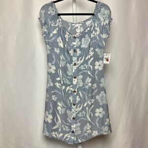 NWT OʻNeill Womenʻs Ellison Off-the-Shoulder Slate Blue Floral Mini Dress Medium